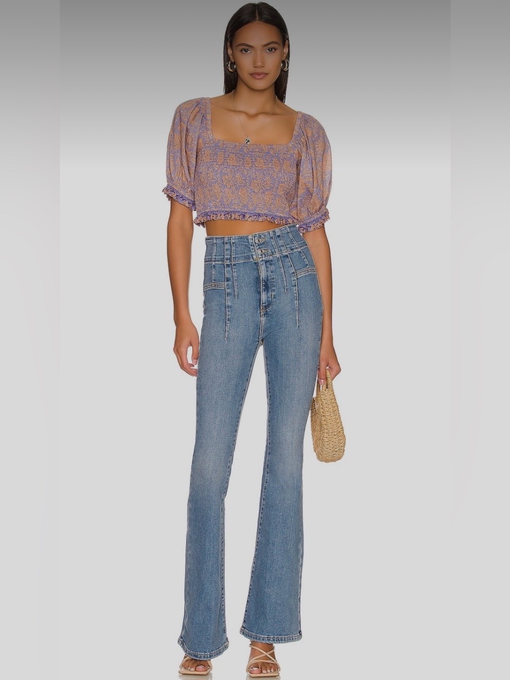 Free People Revolve Jayne High Waist Sunburst Blue Flare Stretch Denim Jeans 31